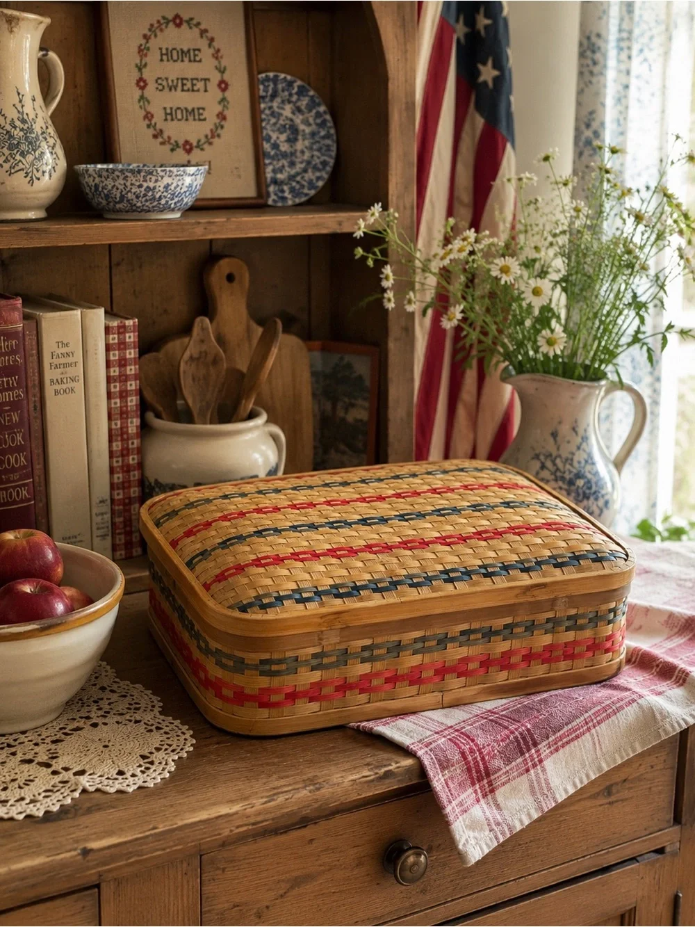 Woven Casserole Basket with Red and Blue Accents